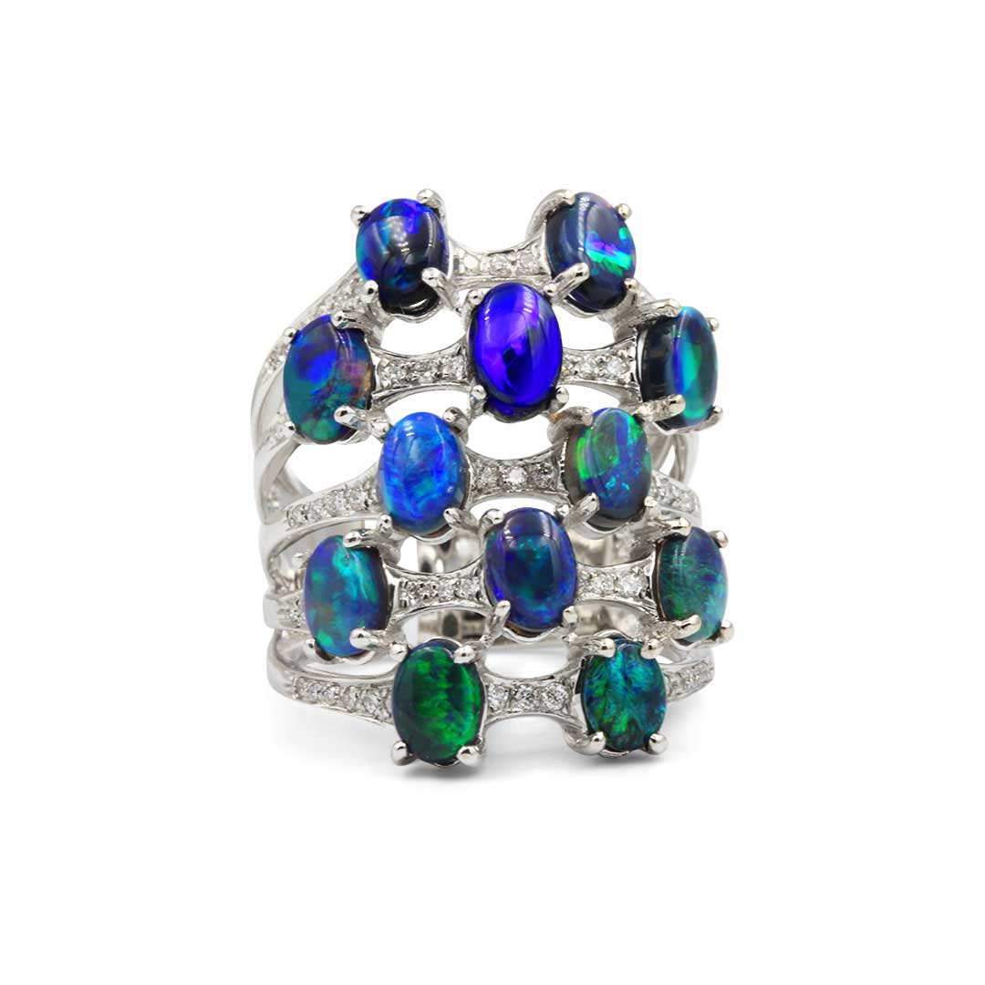 Black Opal Ring set in 18k White Gold with Diamonds featuring Mysterious Ocean Colours