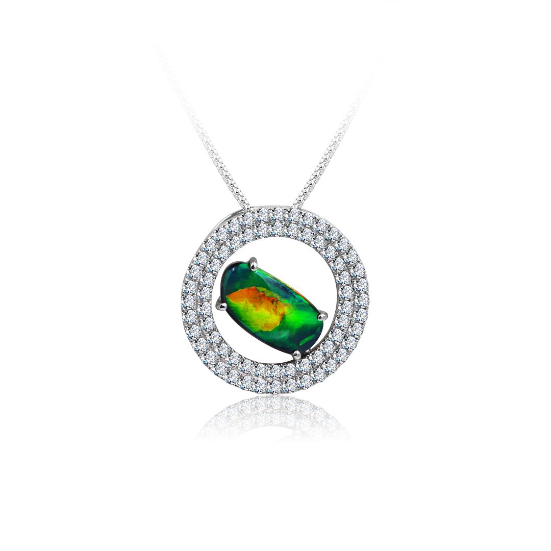Black Pendant set in 18k with Diamonds featuring Flashes of Oranges and Greens