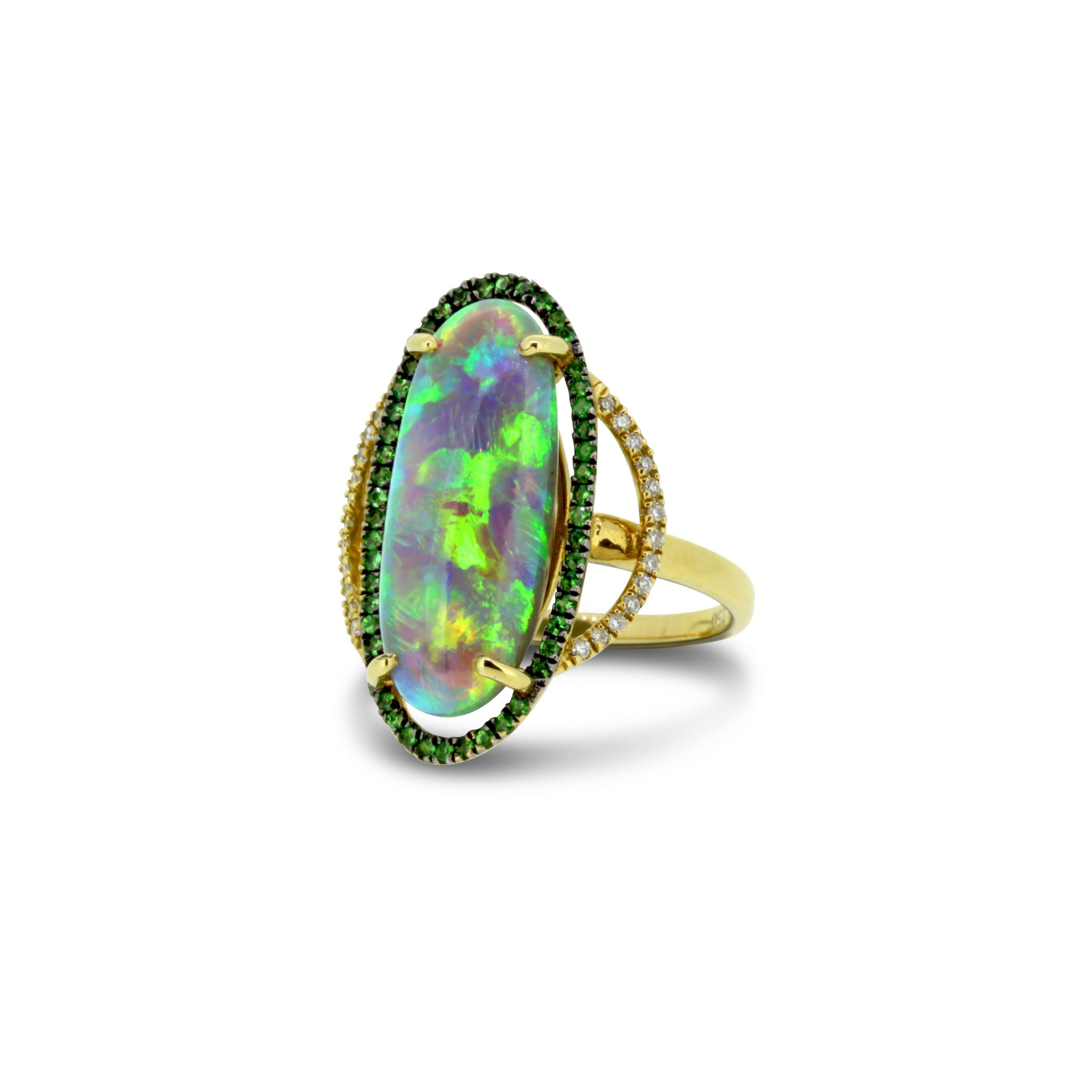 Black Opal Ring set in 18k Yellow Gold with Diamonds and Green Garnets displaying Vivid Greens and Oranges