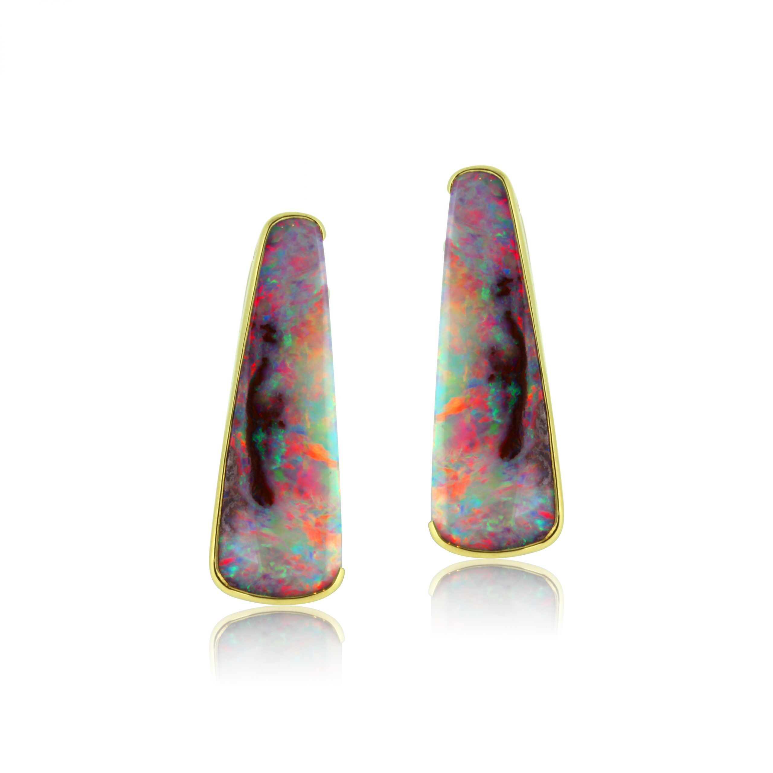 Modern Boulder Opal Earrings in 18k yellow gold featuring Red, Pink and Green Colours