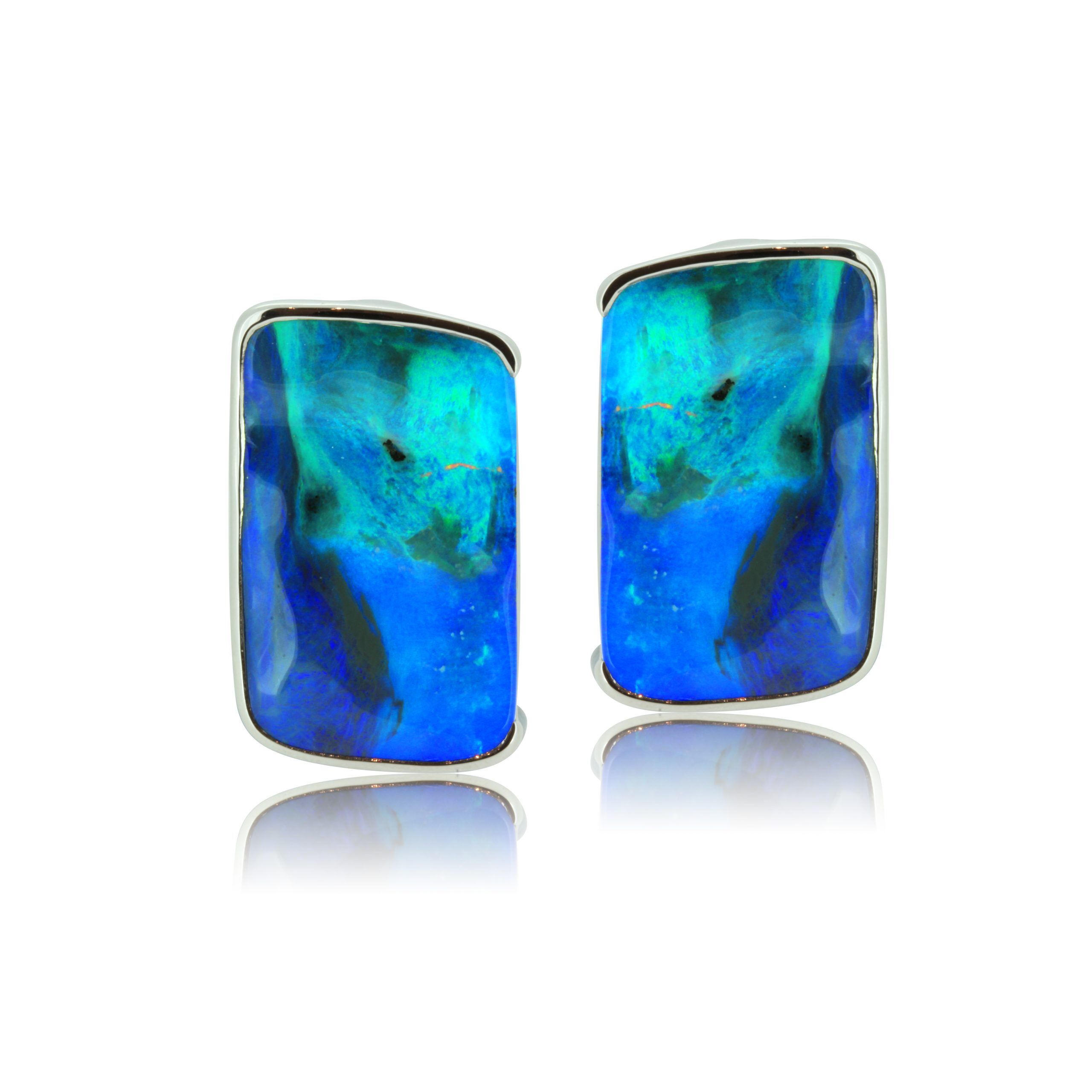Stunning Boulder Opal Earrings in 18k White Gold displaying Blue Multi Colours
