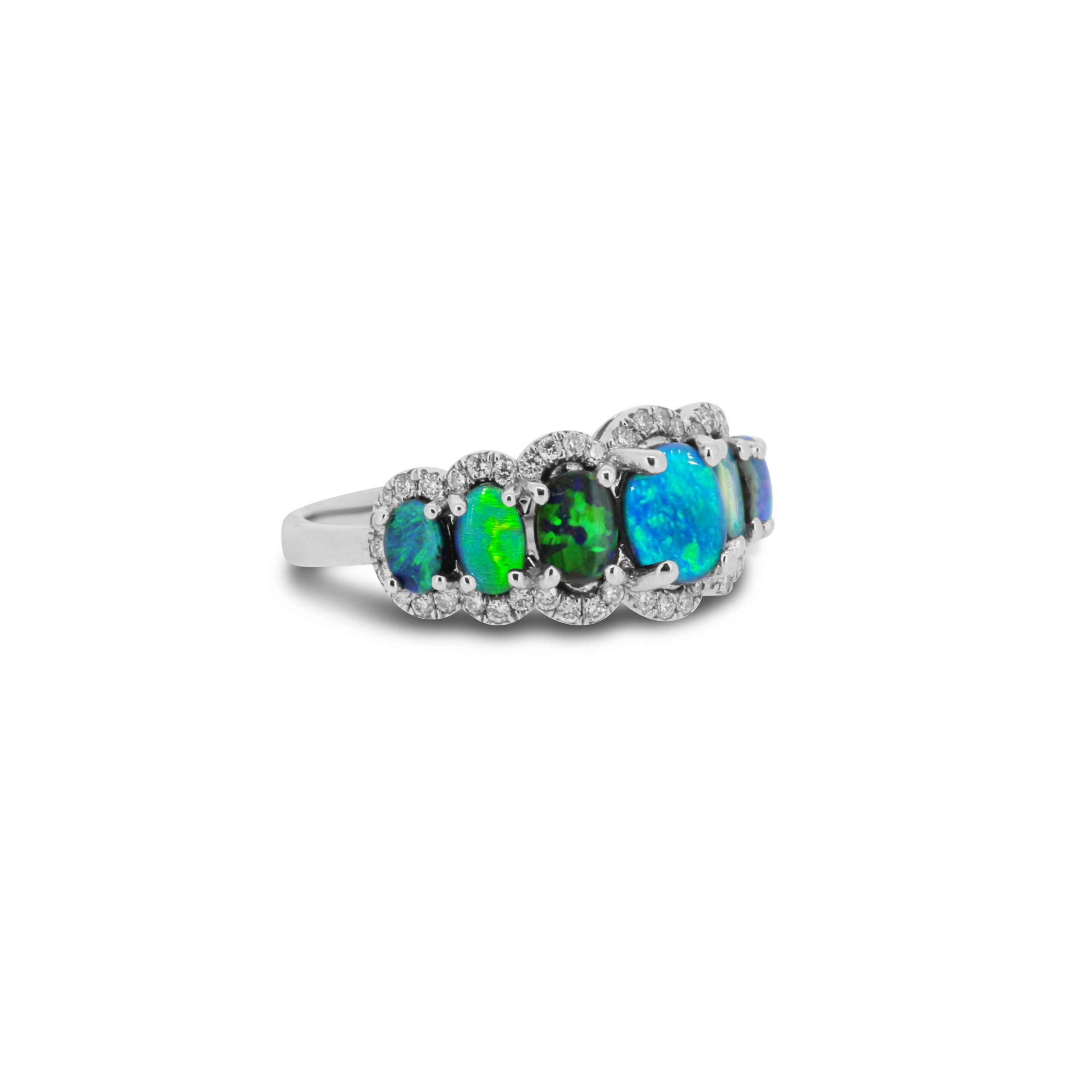 Boulder Opal Ring set in 18k White Gold displaying Brilliant Flashes of Multi Colours