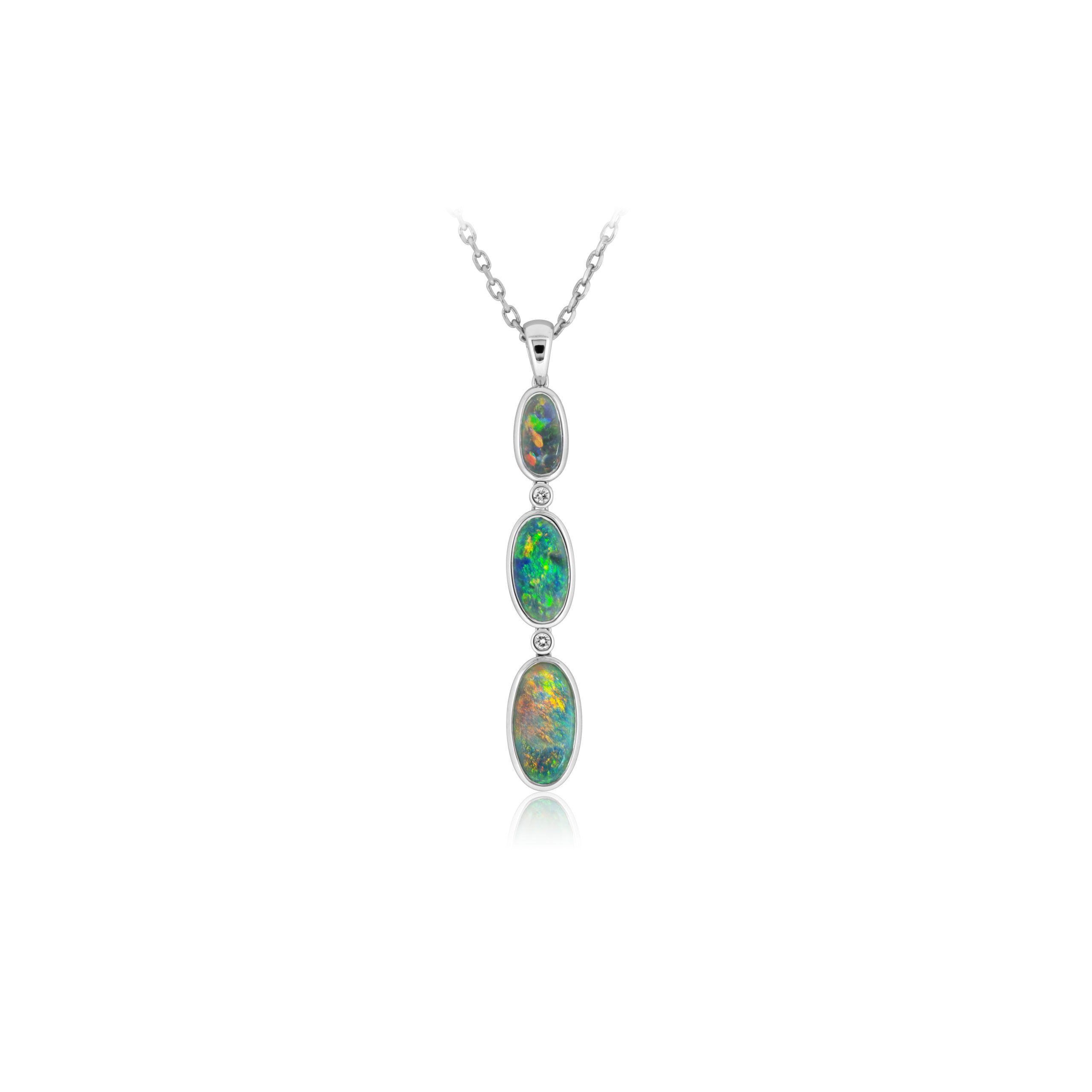 Black Opal Pendant set in 18k White Gold with Diamonds displaying Gorgeous Multi Colours