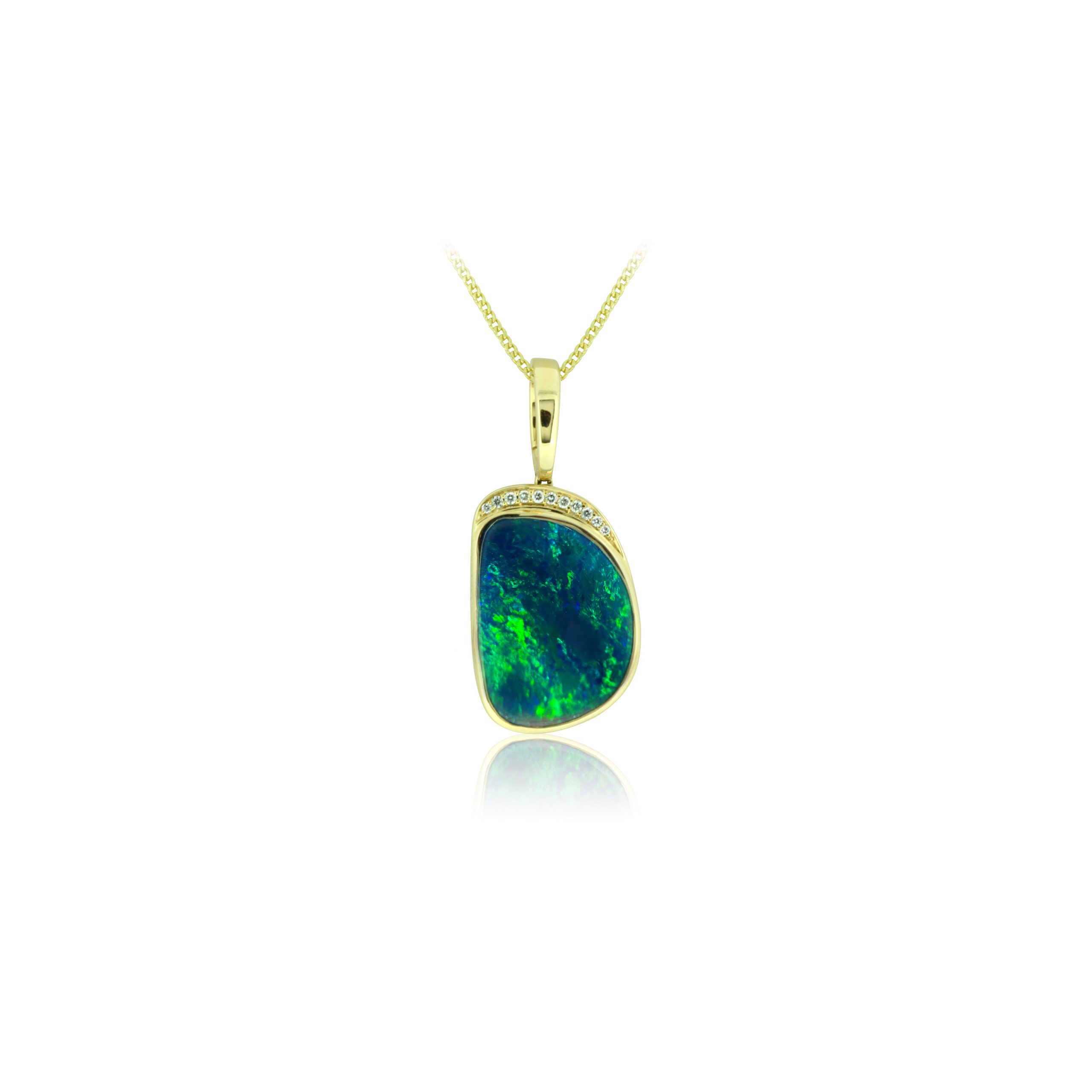 Elegant Black Opal Pendant set in 18k Yellow Gold with Diamonds featuring Brilliant Rolling Flashes of Green