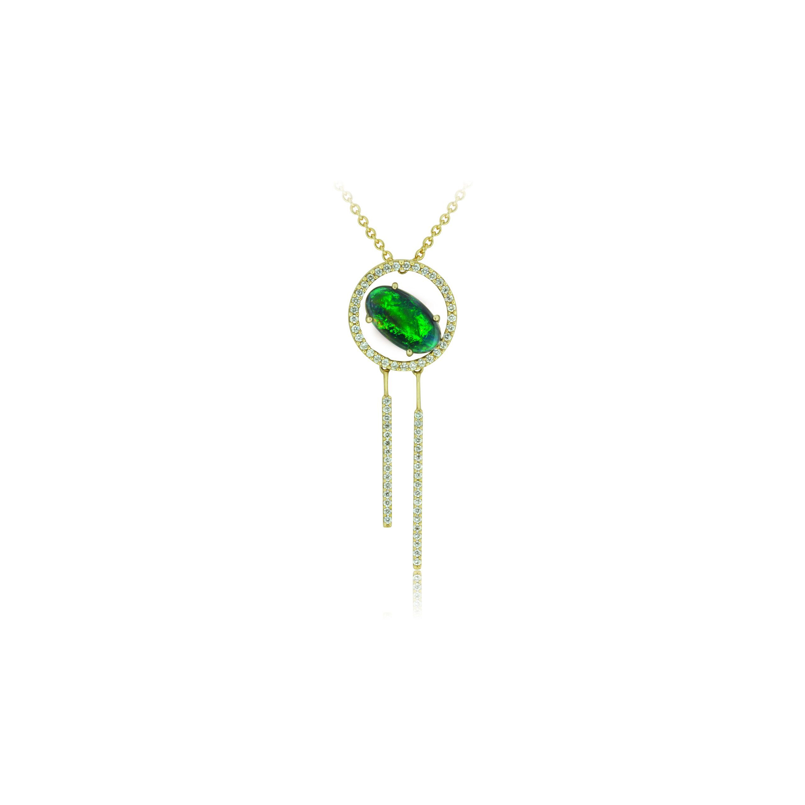 Black Opal Pendant set in 18k Yellow Gold with Diamonds featuring Vivid Flashes of Green