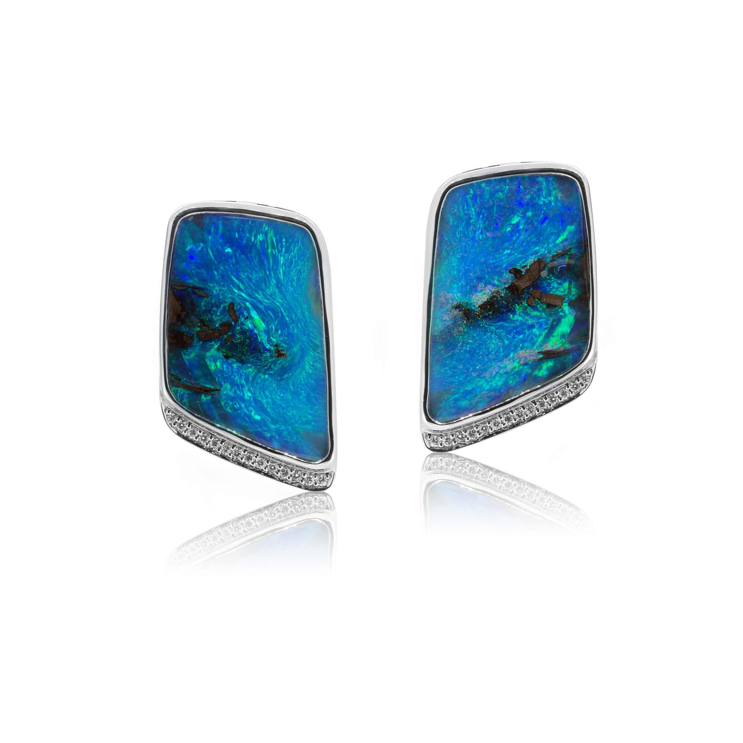 Boulder Opal Earrings set in 18k White Gold displaying Gorgeous Flashes of Ocean Colours