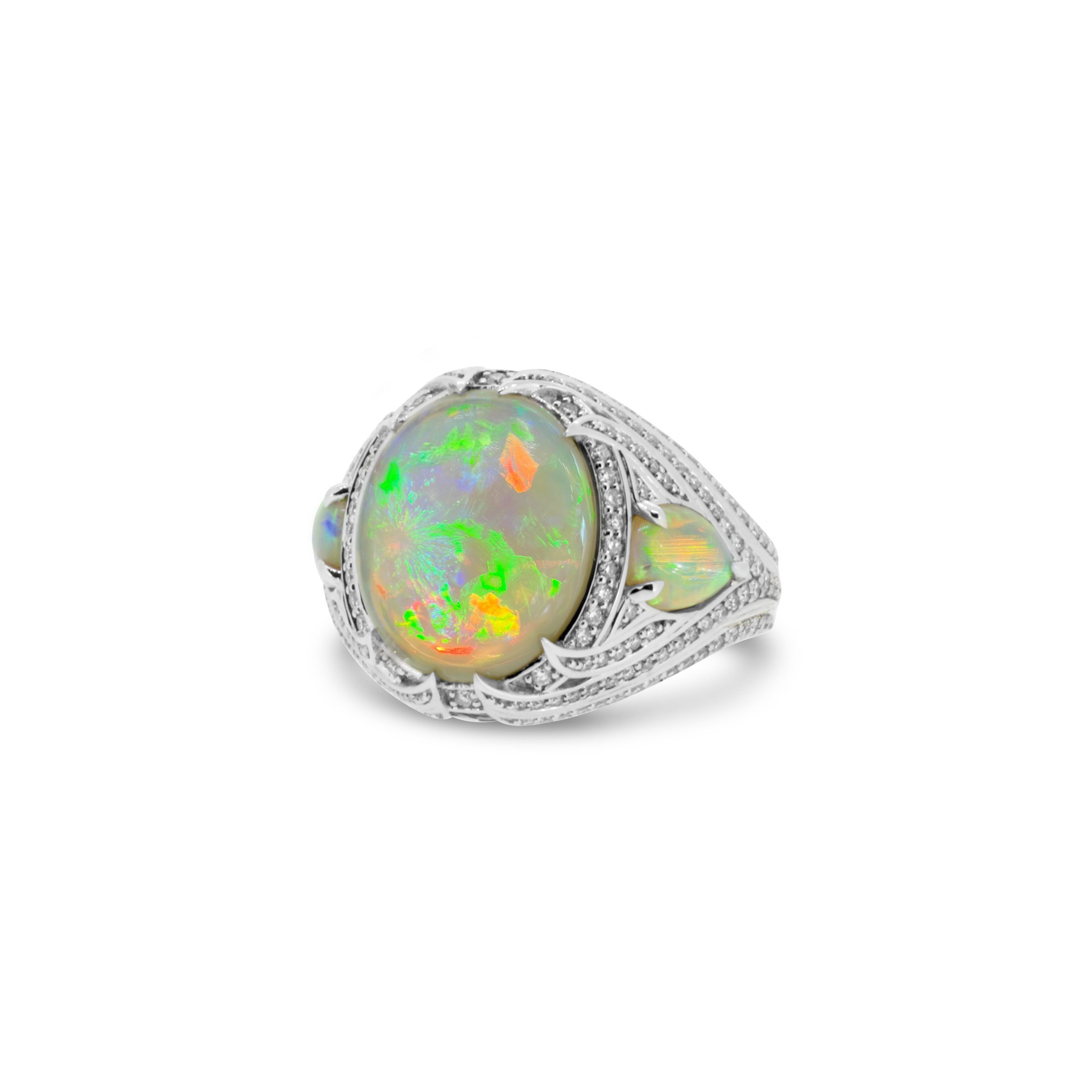 Crystal Black Opal Ring set in 18k White Gold with Diamonds exhibiting Vivid Green, Orange and Blue Colours