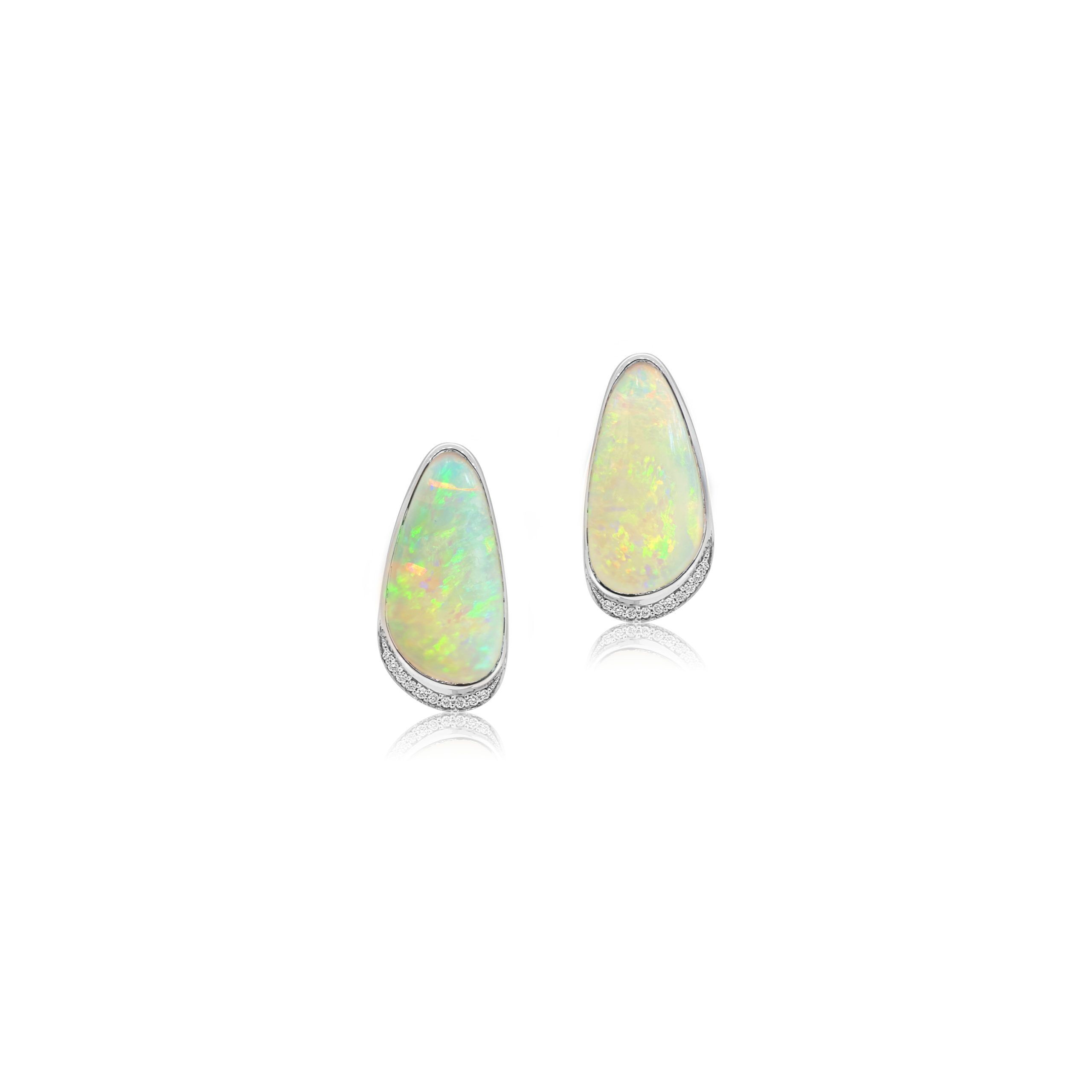 Crystal Opal Earrings set in 18k White Gold with Diamonds featuring Soothing Ocean Blue Colours