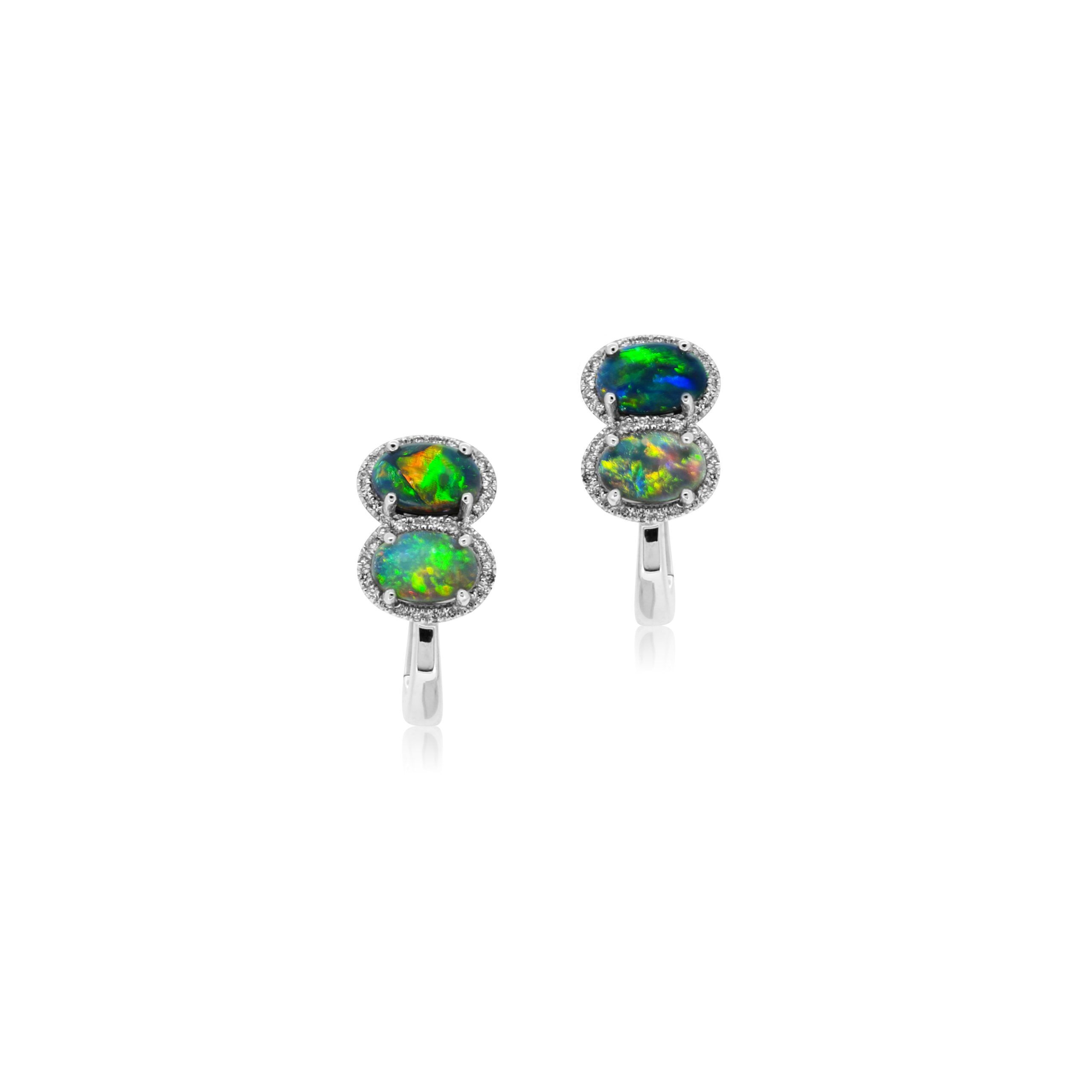 Black Opal Earrings set in 18k White Gold with Diamonds featuring Charming Rolling Flashes of Green, Blue and Orange